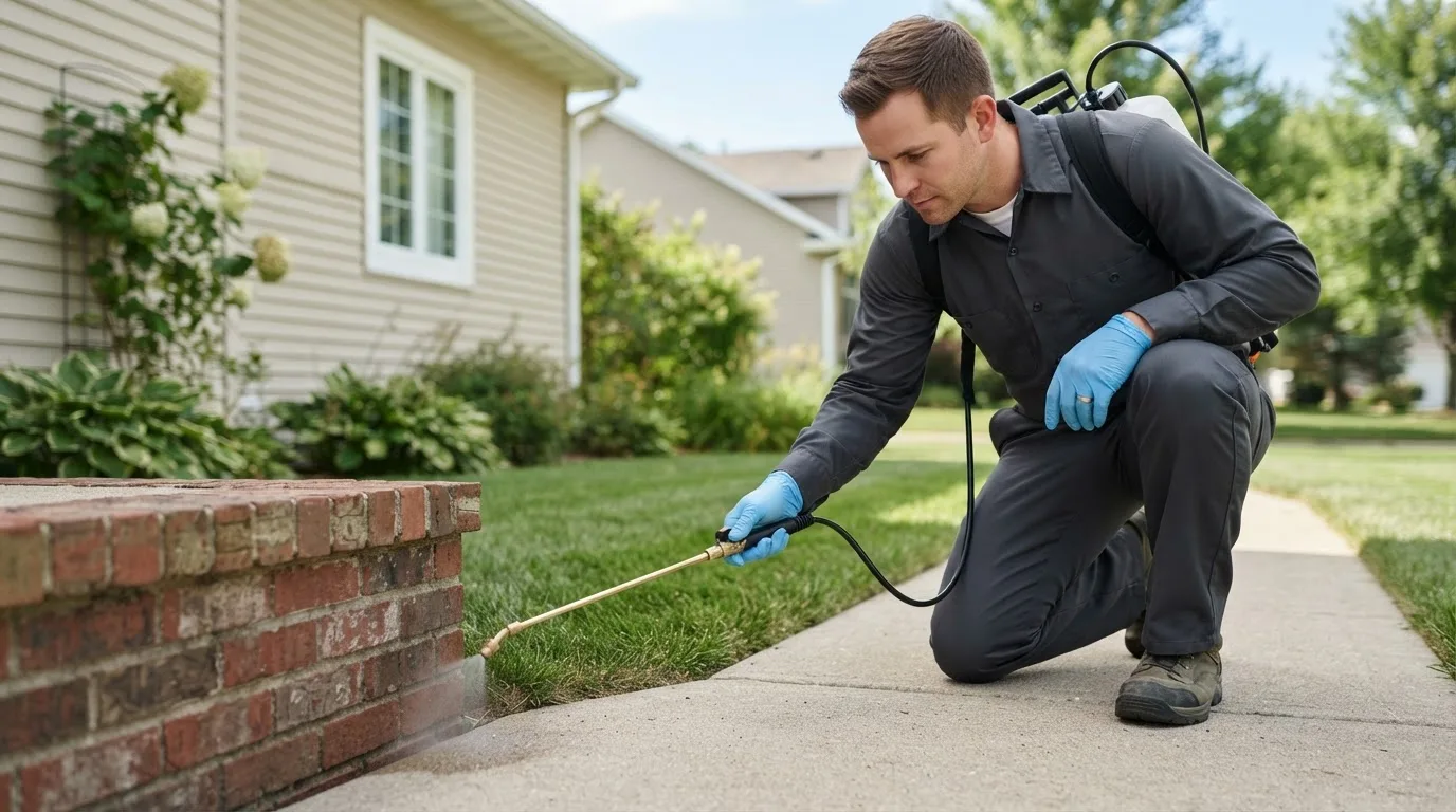 Pest control technician treating a home near Saxtons River, VT